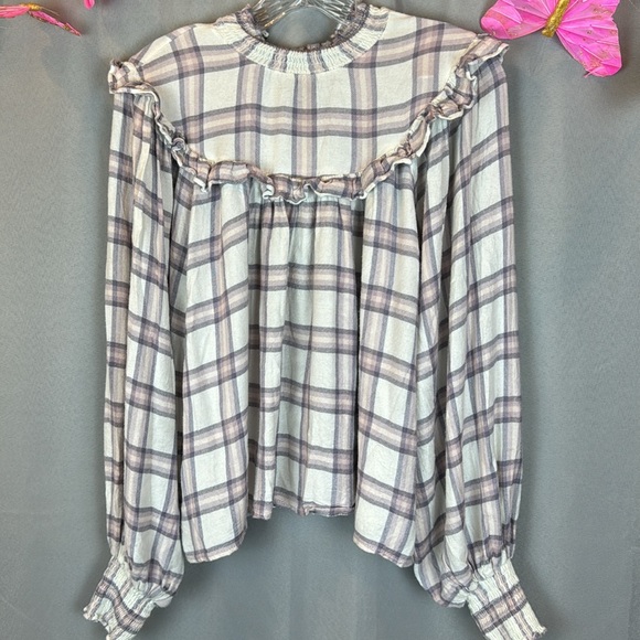 free People Plaid Ruffle Mock Neck Blouse- Sz Small - Picture 9 of 13